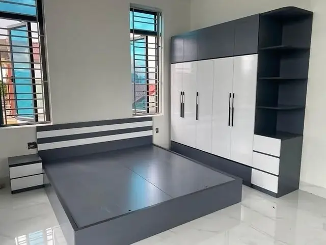 Grey and white bed with wardrobe – Bed by Varnika Furnitures and Aluminium Works, Lucknow