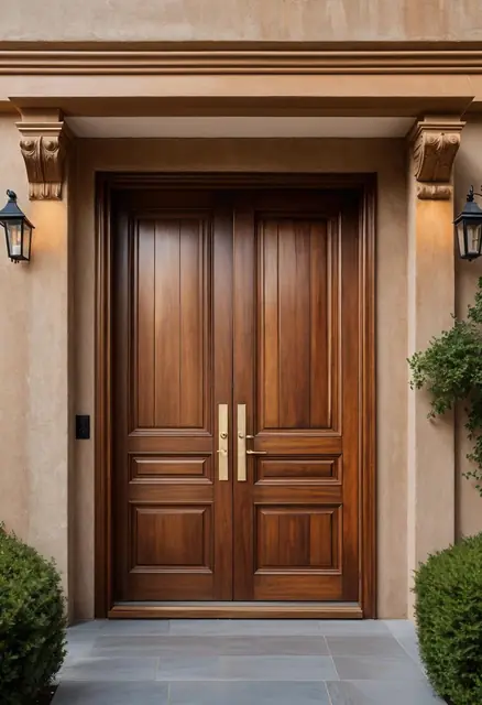 Raised-panel walnut main entrance double door – Dual Door Gate by Varnika Furnitures and Aluminium Works, Lucknow