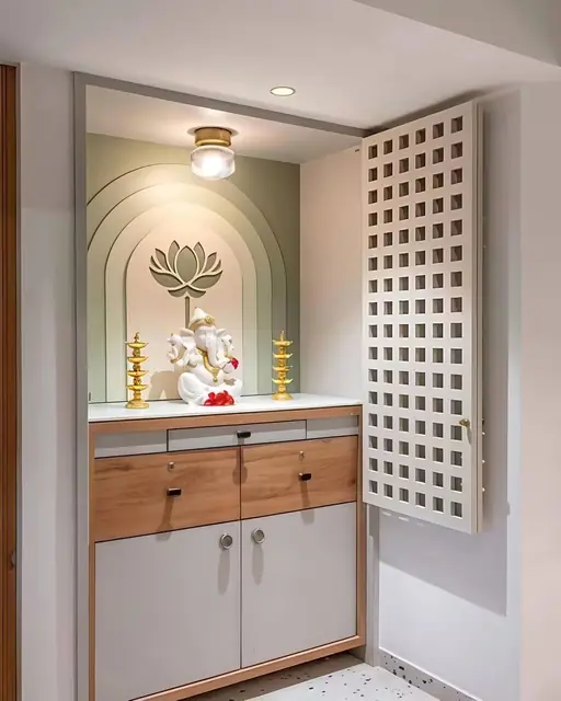 Lotus-arch mandir with jaali door – Pooja Mandir by Varnika Furnitures and Aluminium Works, Lucknow