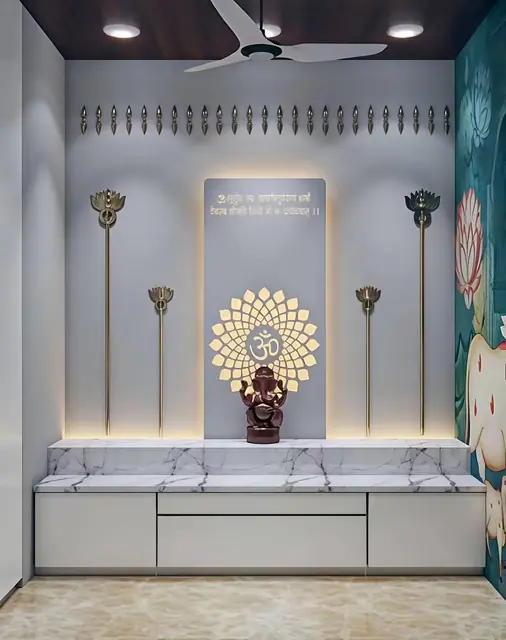 Pooja room with backlit Om panel – Pooja Mandir by Varnika Furnitures and Aluminium Works, Lucknow