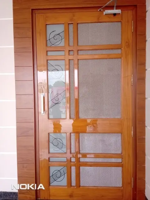 Polished teak door with glass panels – Single Door Gate by Varnika Furnitures and Aluminium Works, Lucknow