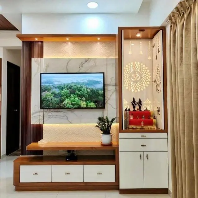 TV unit with jaali pooja cabinet – TV Unit by Varnika Furnitures and Aluminium Works, Lucknow