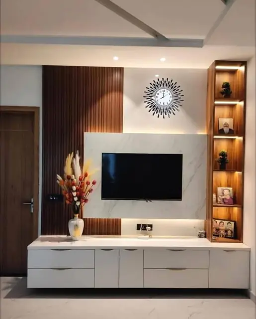 Lit TV wall with display shelves – TV Unit by Varnika Furnitures and Aluminium Works, Lucknow