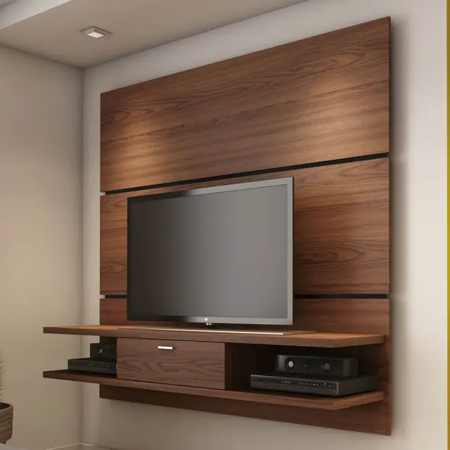 Walnut floating TV panel – TV Unit by Varnika Furnitures and Aluminium Works, Lucknow