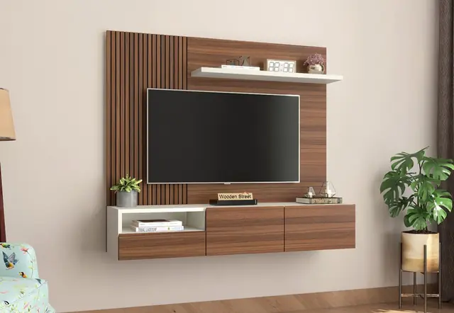 Fluted TV panel with floating console – TV Unit by Varnika Furnitures and Aluminium Works, Lucknow