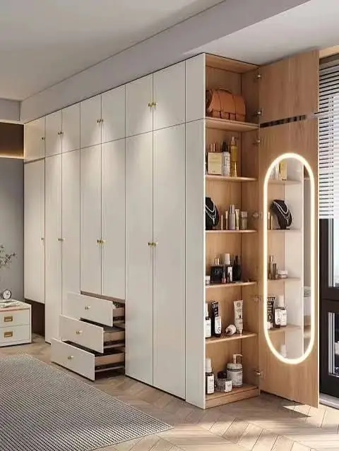 White wardrobe with lit mirror and open shelves – Wardrobe by Varnika Furnitures and Aluminium Works, Lucknow